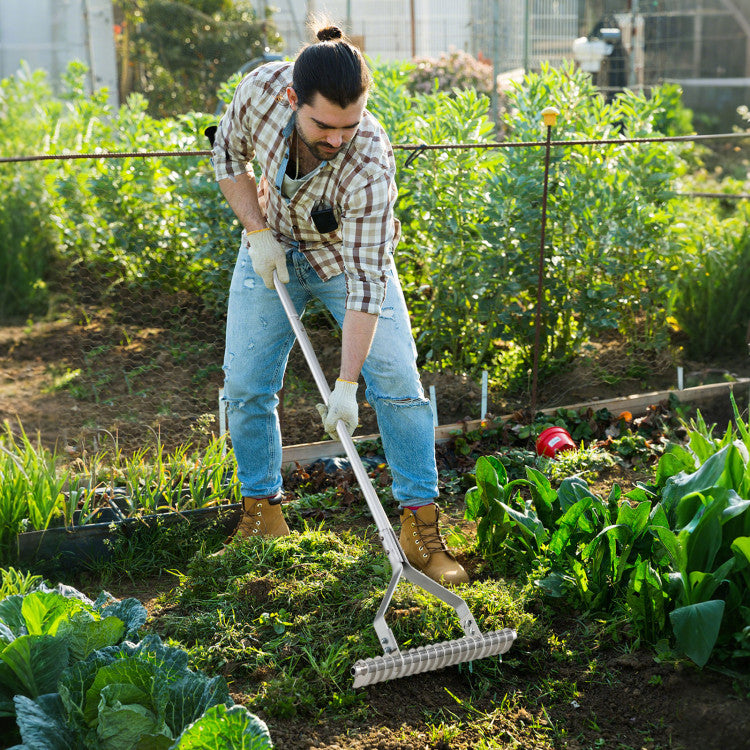 20-inch Wide Aluminum Soil Rake with Long Handle (19 Curved Tines)