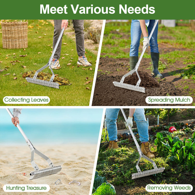 20-inch Wide Aluminum Soil Rake with Long Handle (19 Curved Tines)