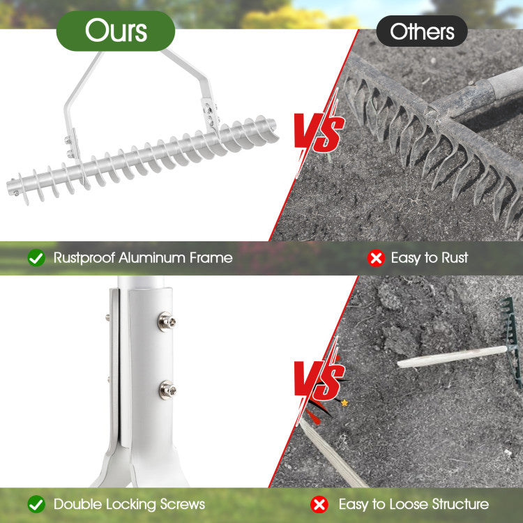 20-inch Wide Aluminum Soil Rake with Long Handle (19 Curved Tines)