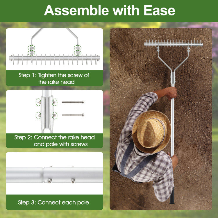20-inch Wide Aluminum Soil Rake with Long Handle (19 Curved Tines)
