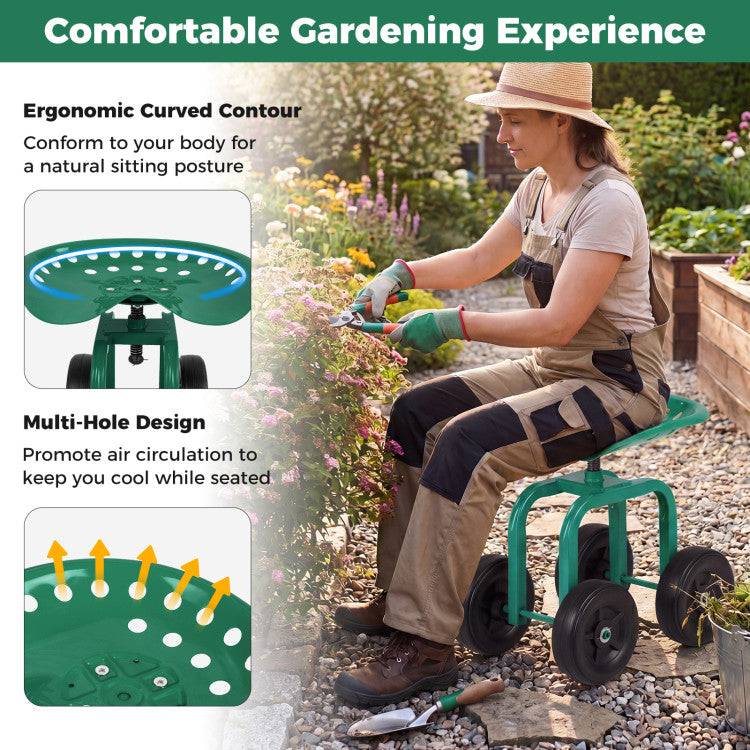 Garden Rolling Workseat with 360° Swivel Seat and Adjustable Height