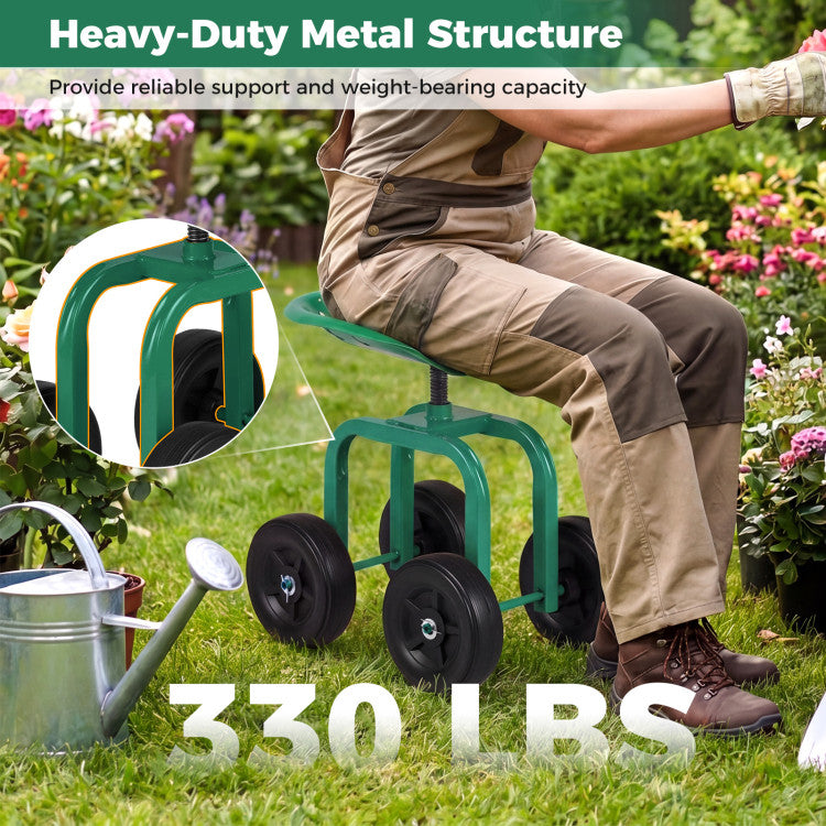 Garden Rolling Workseat with 360° Swivel Seat and Adjustable Height