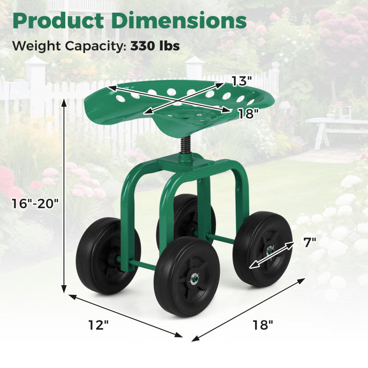 Garden Rolling Workseat with 360° Swivel Seat and Adjustable Height